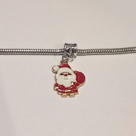 Silver Gold Red White Santa Claus Enamel Dangle Charm for Pandora Style Bracelet - Picture 1 of 4